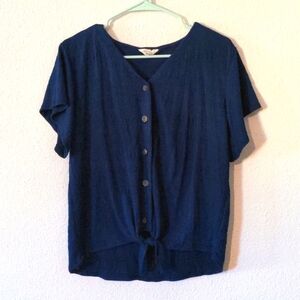 Weatherproof Vintage, Navy Blue Short Flutter Sleeve Button lightweight Top, L